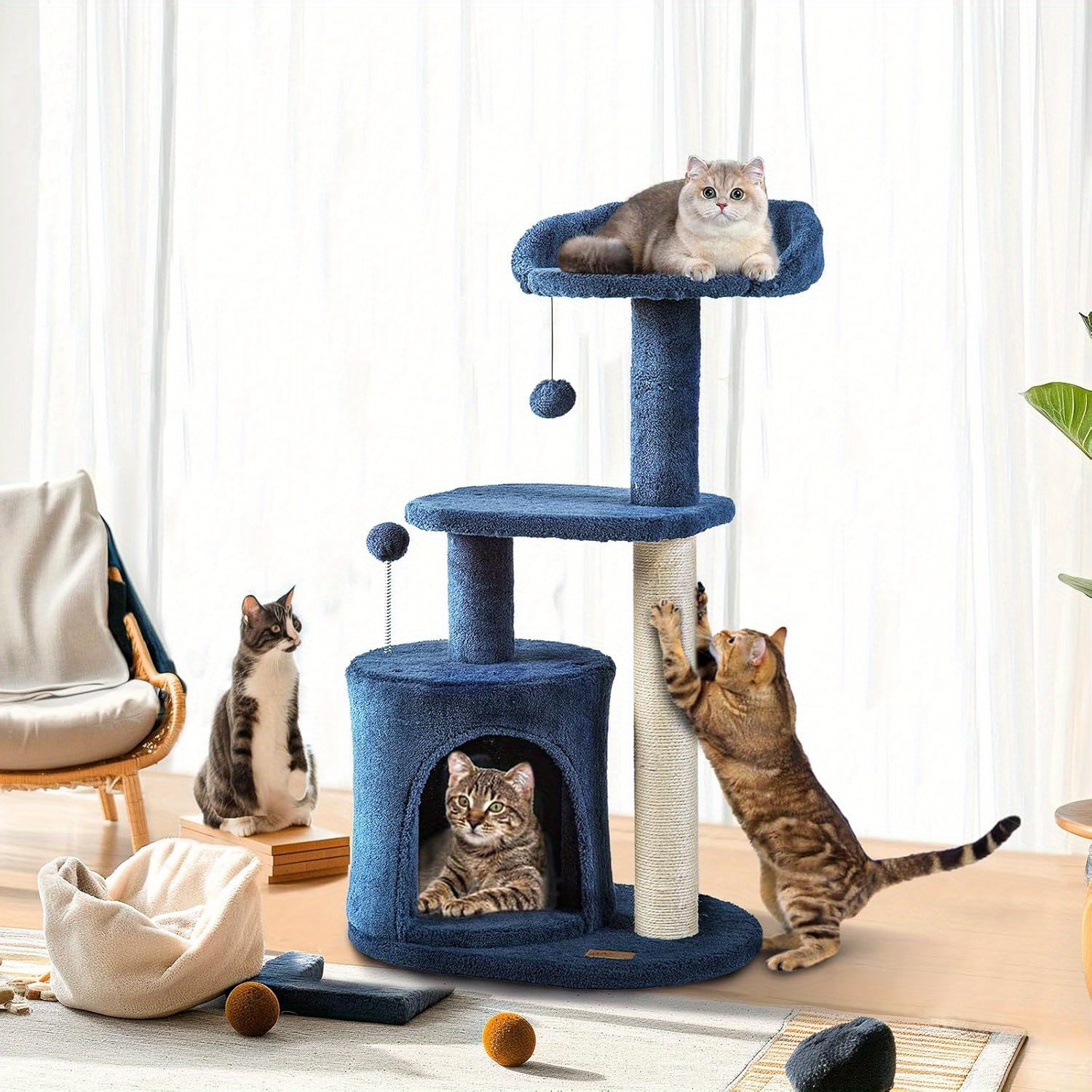 Deep Denim Blue Best Cat Trees And Towers - 32 Inches, Cozy Condo, Sisal Scratching Post, chewy cat tree, Plush Perches, and Pompom Toys - For Indoor Cats - Perfect Gift for Cat Lovers