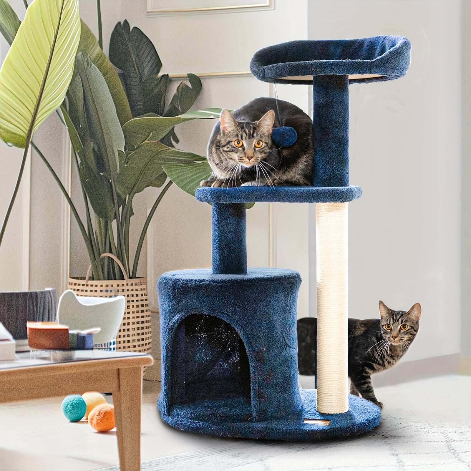 Deep Denim Blue Best Cat Trees And Towers - 32 Inches, Cozy Condo, Sisal Scratching Post, chewy cat tree, Plush Perches, and Pompom Toys - For Indoor Cats - Perfect Gift for Cat Lovers