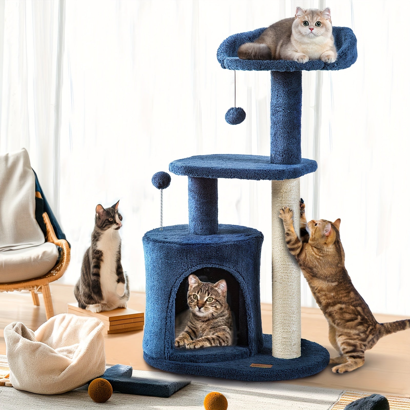 Deep Denim Blue Best Cat Trees And Towers - 32 Inches, Cozy Condo, Sisal Scratching Post, chewy cat tree, Plush Perches, and Pompom Toys - For Indoor Cats - Perfect Gift for Cat Lovers