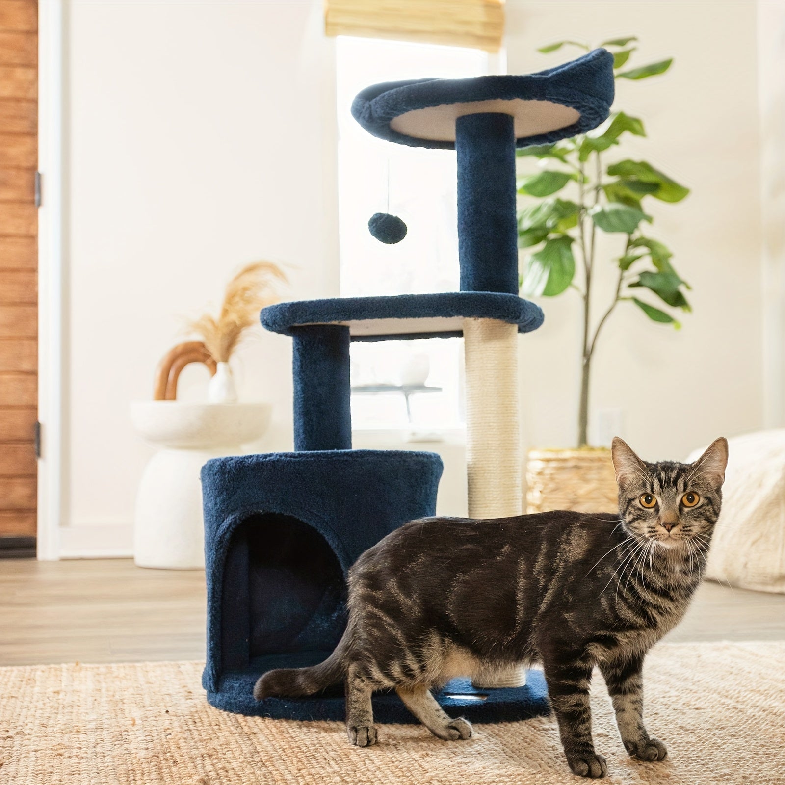 Deep Denim Blue Best Cat Trees And Towers - 32 Inches, Cozy Condo, Sisal Scratching Post, chewy cat tree, Plush Perches, and Pompom Toys - For Indoor Cats - Perfect Gift for Cat Lovers