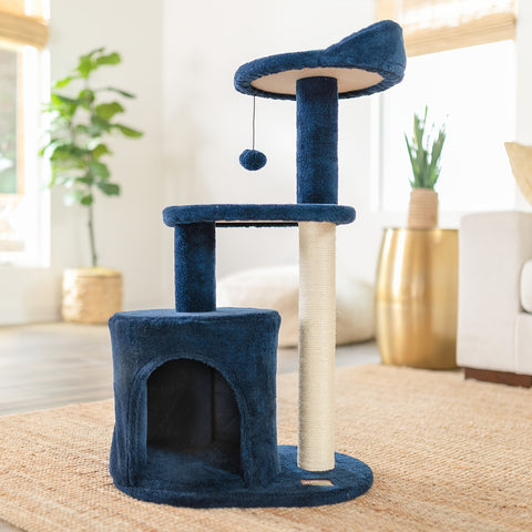 Deep Denim Blue Best Cat Trees And Towers - 32 Inches, Cozy Condo, Sisal Scratching Post, chewy cat tree, Plush Perches, and Pompom Toys - For Indoor Cats - Perfect Gift for Cat Lovers